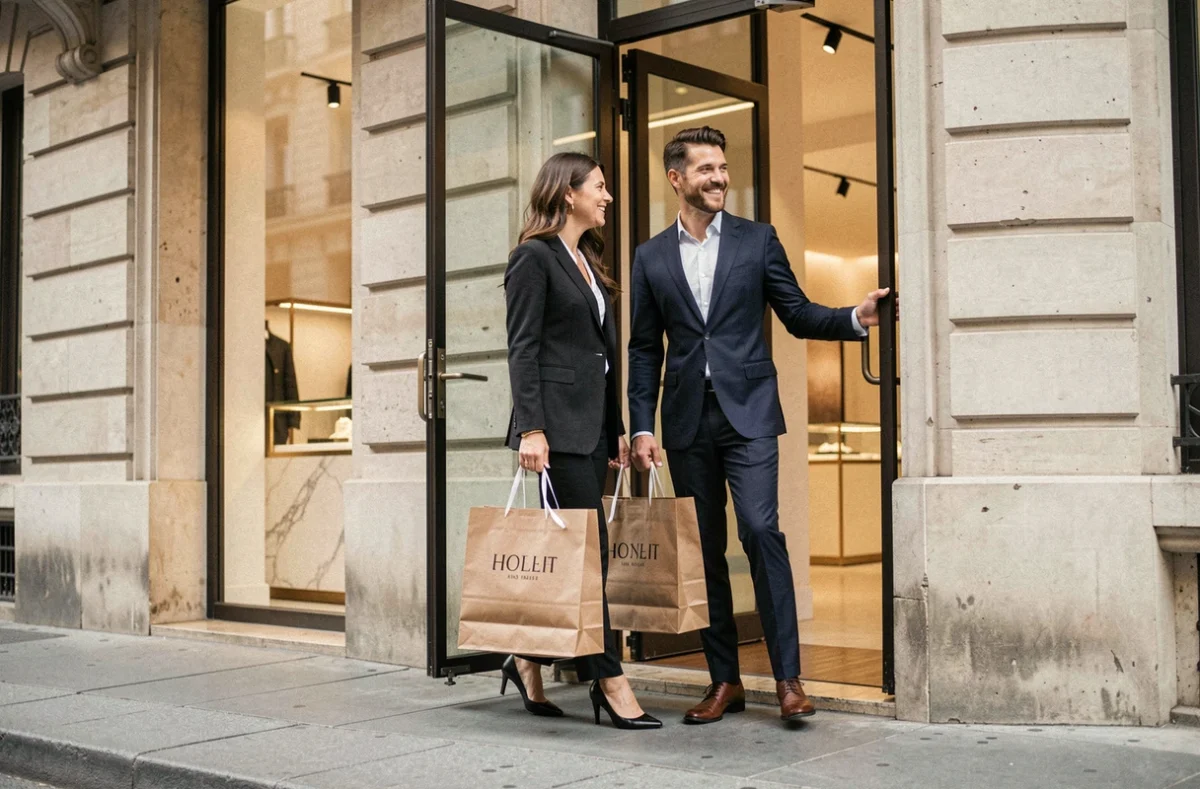 Couple élégant sortant d'une boutique de luxe Avenue Montaigne avec des sacs shopping haut de gamme à Paris