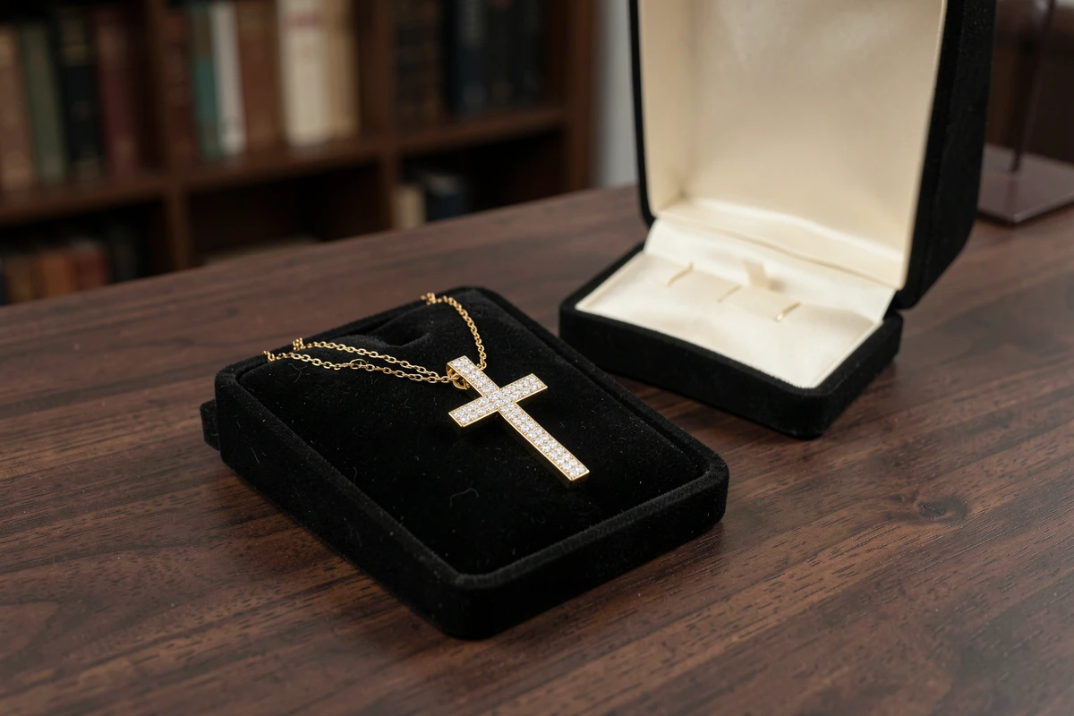 Croix en or et diamants posée sur un plateau de bijouterie en velours noir, vue de dessus