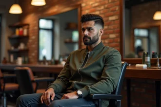 Homme aux cheveux en dégradé espagnol assis dans un salon de coiffure moderne, vêtu d'un bomber kaki ajusté