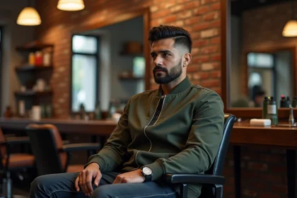 Homme aux cheveux en dégradé espagnol assis dans un salon de coiffure moderne, vêtu d'un bomber kaki ajusté