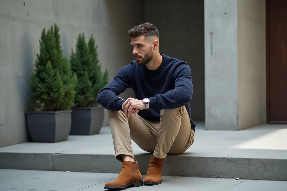 Homme mature avec un dégradé espagnol net portant un pull marine et un chino beige dans une cour urbaine minimaliste