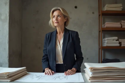 Femme cr&eacute;ative en blazer navy et croquis de mode