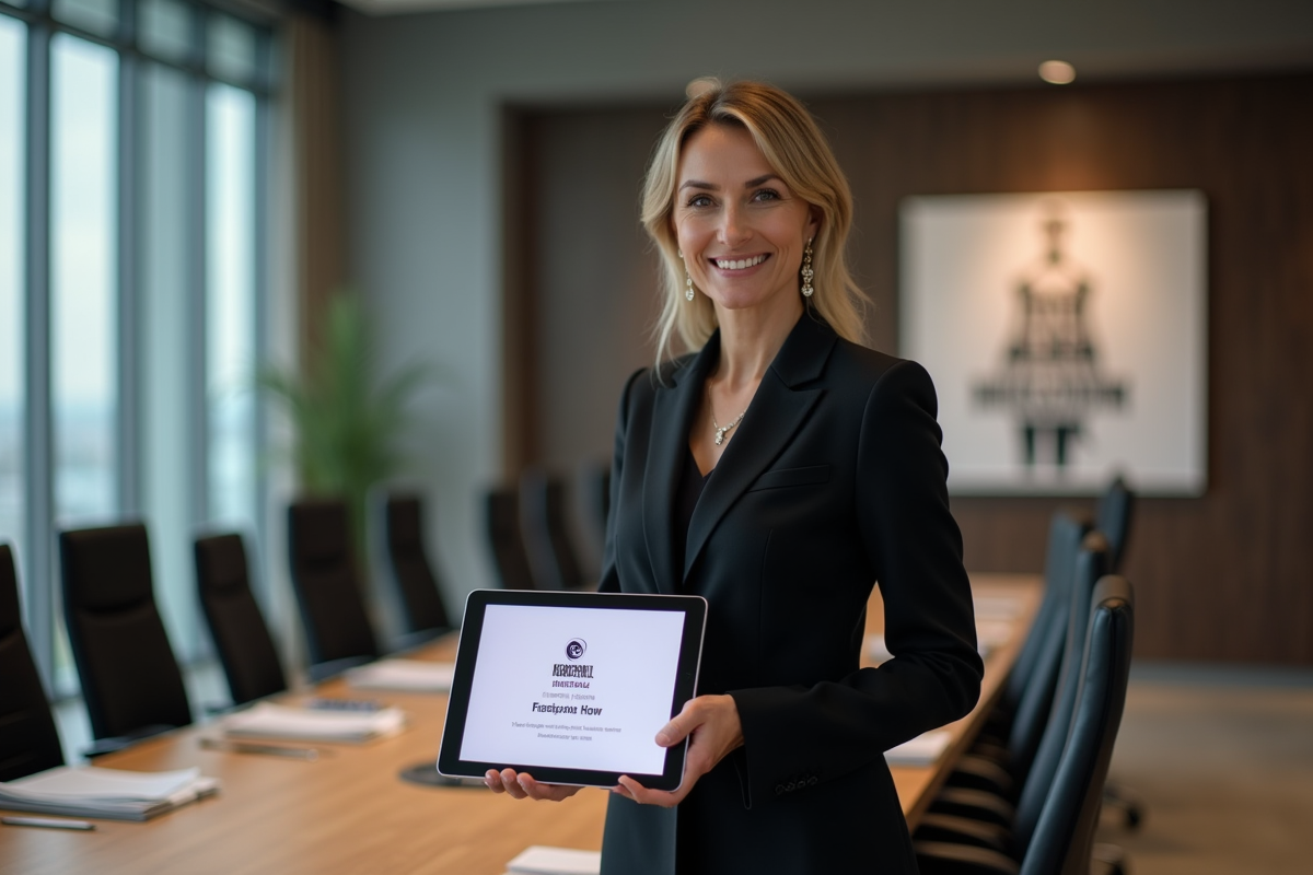 Femme directrice de mode avec tablette dans salle moderne