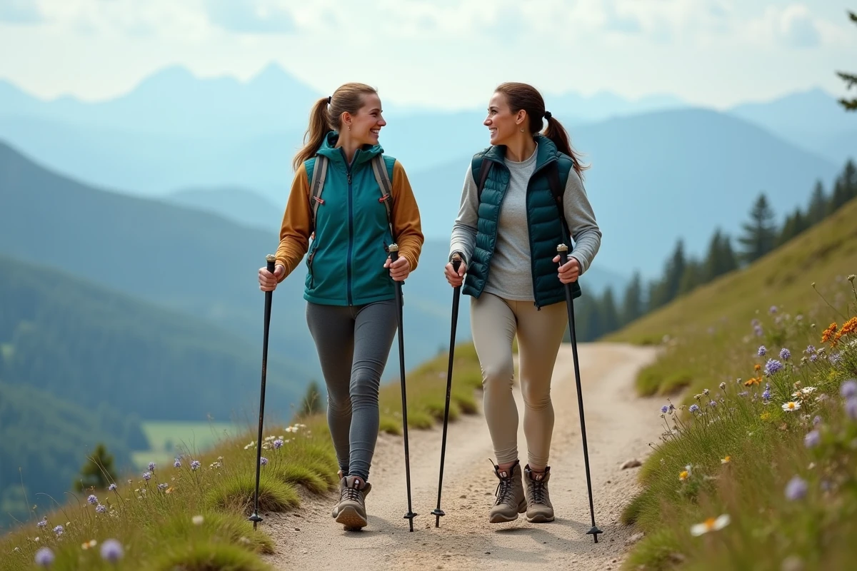 Deux femmes randonnant côte à côte sur une crête alpine printanière, vêtues de vestes et pantalons techniques WANABEE, bâtons de marche en main