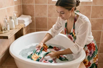 Femme lavant délicatement un paréo robe de plage coloré à la main dans un bassin en céramique blanche