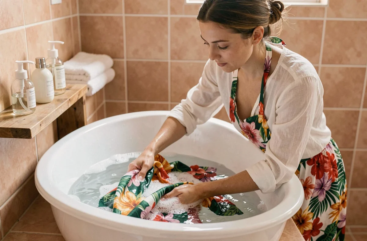 Femme lavant délicatement un paréo robe de plage coloré à la main dans un bassin en céramique blanche