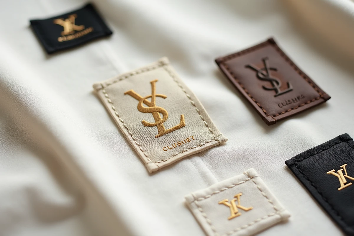 Gros plan de labels et logos cousus de grandes maisons de mode et marques de vêtements connues sur fond blanc