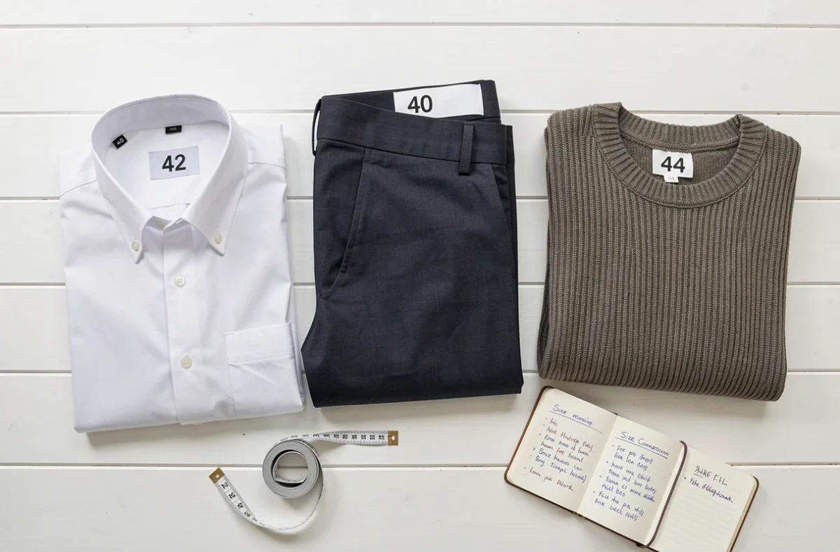 Étiquettes de taille sur des vêtements pliés en flat lay avec mètre ruban et carnet de conversion de tailles européennes