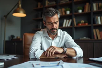 Homme d'affaires examinant attentivement une montre Rolex de luxe sur son bureau avec des documents, illustrant les risques du marché gris