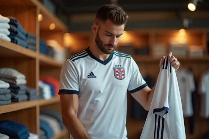 Fan examinant de près la qualité des coutures d'un maillot Bastard München premium dans une boutique de sports