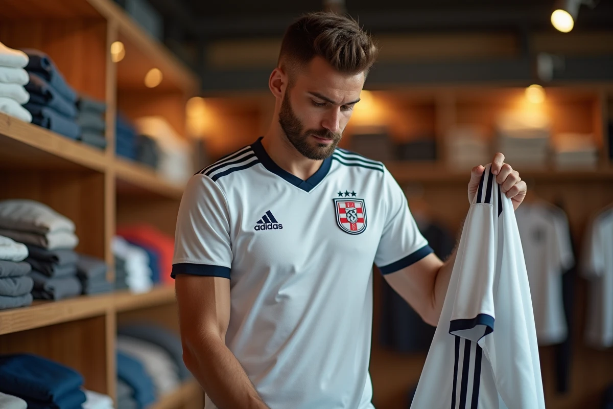 Fan examinant de près la qualité des coutures d'un maillot Bastard München premium dans une boutique de sports