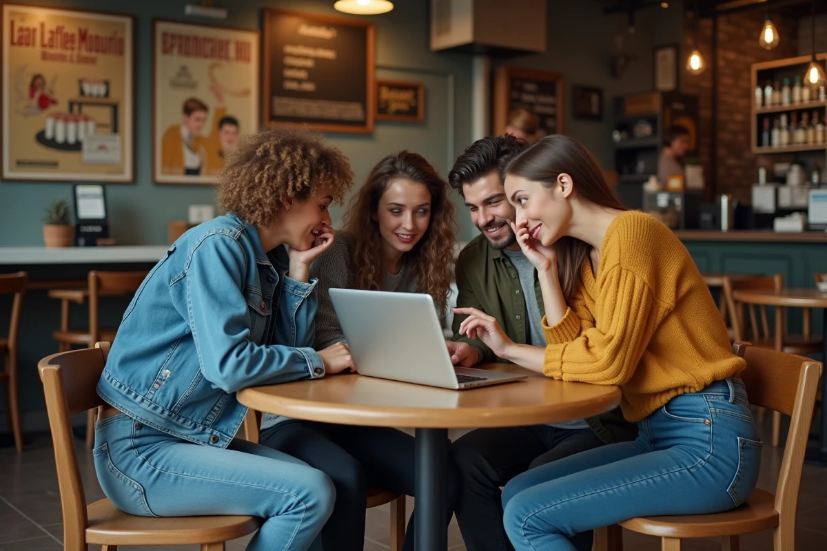 Groupe de fans passionnés analysant des théories sur l'identité de Ziak autour d'un ordinateur portable dans un café parisien