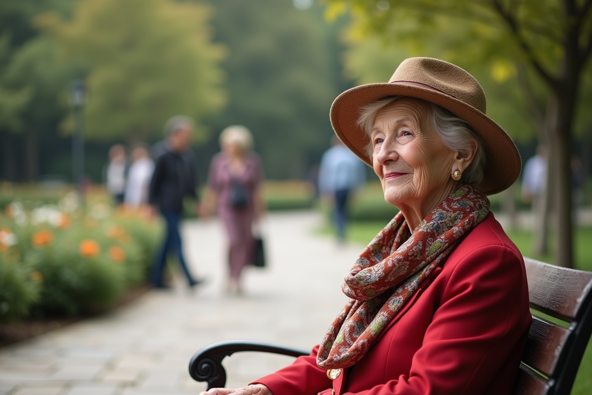 Femme âgée assise sur un banc dans un jardin public