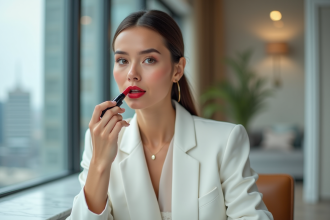Femme appliquant un rouge à lèvres rouge dans un intérieur élégant