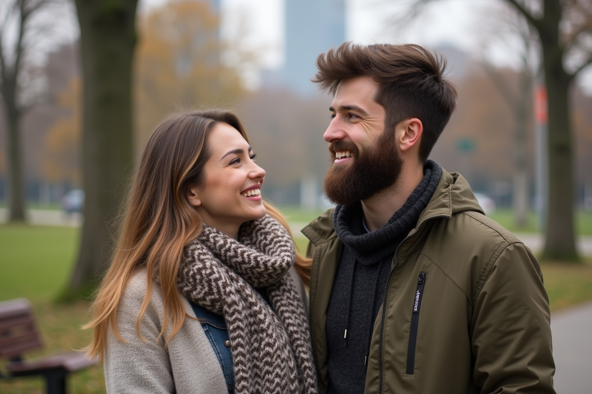 Femme souriante dans un parc urbain avec un homme barbu
