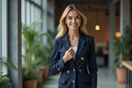 Femme élégante en blazer navy confiant son style professionnel