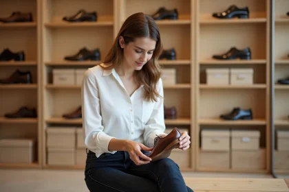 Femme en boutique de chaussures lisant l'étiquette de pointure UK à l'intérieur d'un Oxford en cuir