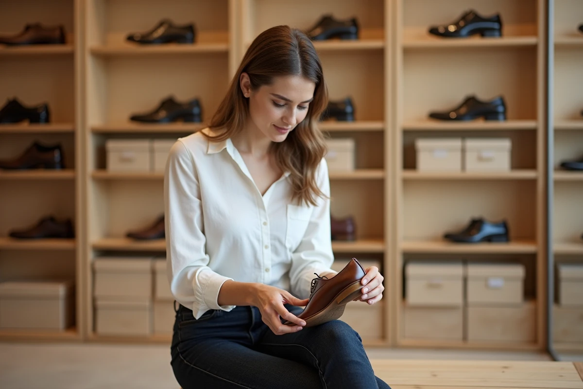 Femme en boutique de chaussures lisant l'étiquette de pointure UK à l'intérieur d'un Oxford en cuir