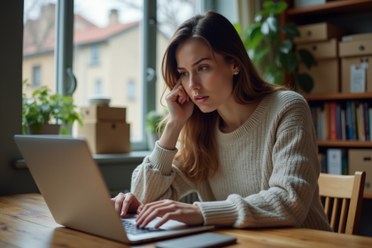 Femme pensant devant son ordinateur dans un bureau cosy