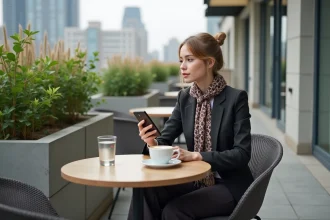 Femme élégante assise au café en ville avec smartphone