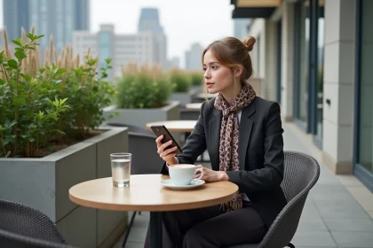 Femme &eacute;l&eacute;gante assise au caf&eacute; en ville avec smartphone