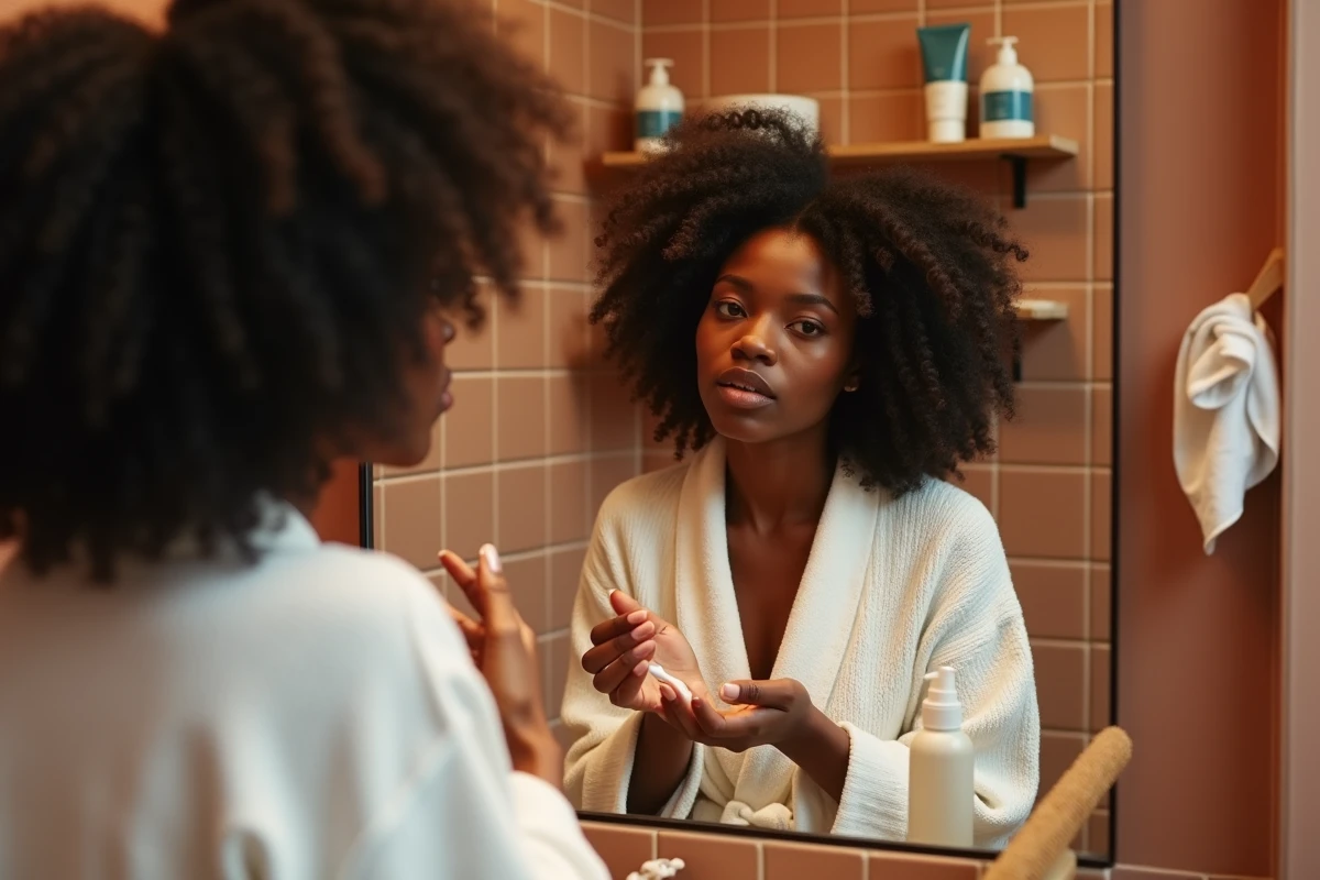 Femme aux cheveux bouclés naturels appliquant une crème coiffante dans une salle de bain cosy