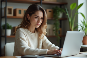 Femme regardant des options de coiffure sur son ordinateur à la maison