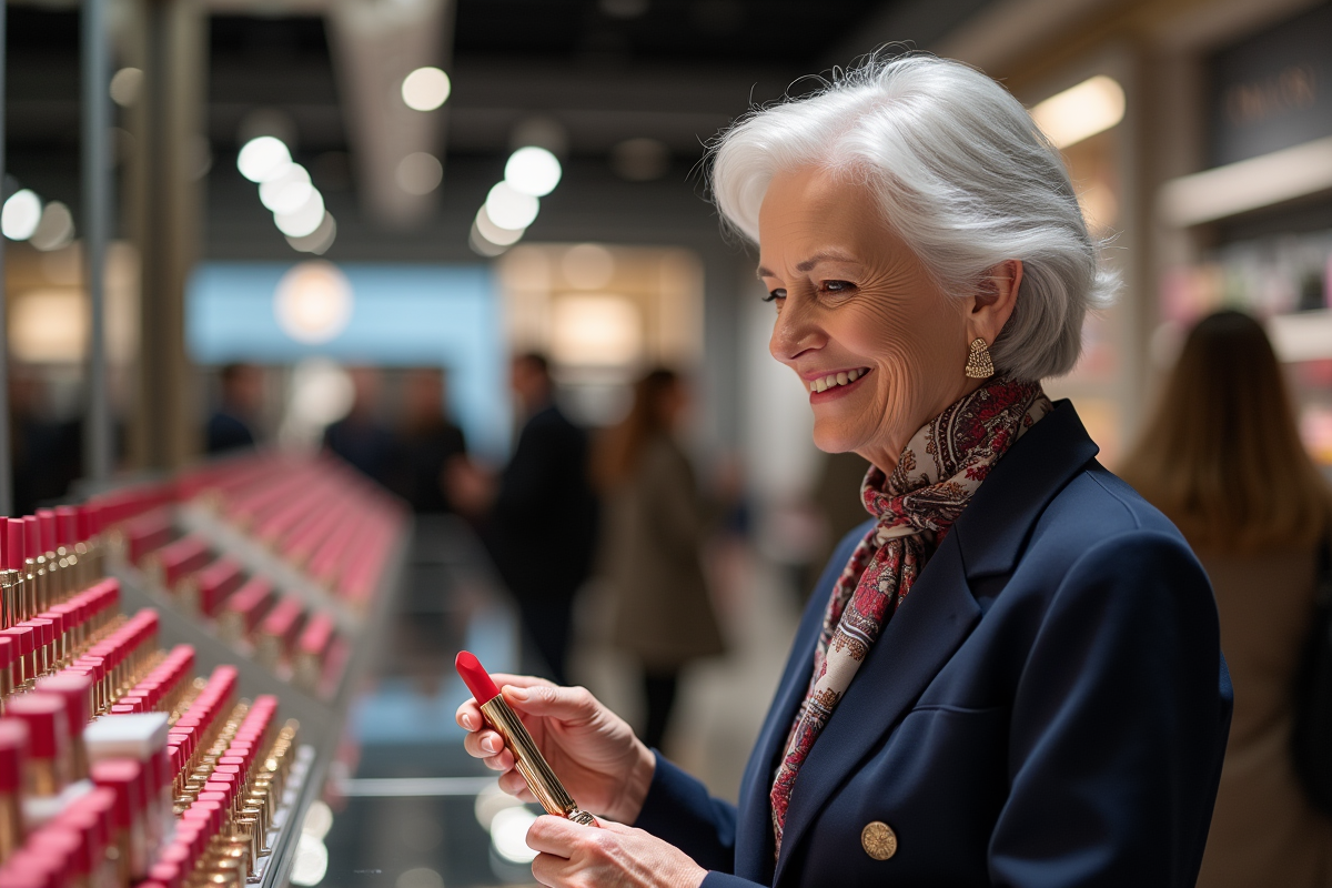Femme examinant des teintes de rouge à lèvres en magasin