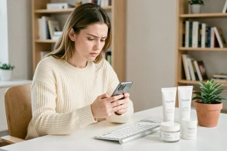 Jeune femme consultant son téléphone pour trouver un code réduction Yepoda entourée de produits de soin coréens sur un bureau blanc