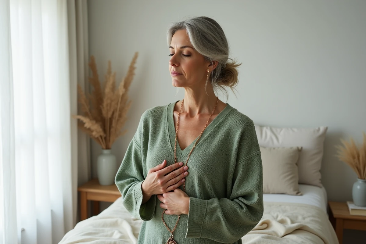 Femme tenant un collier emmêlé en or rose contre sa poitrine, yeux fermés dans une posture de réflexion spirituelle