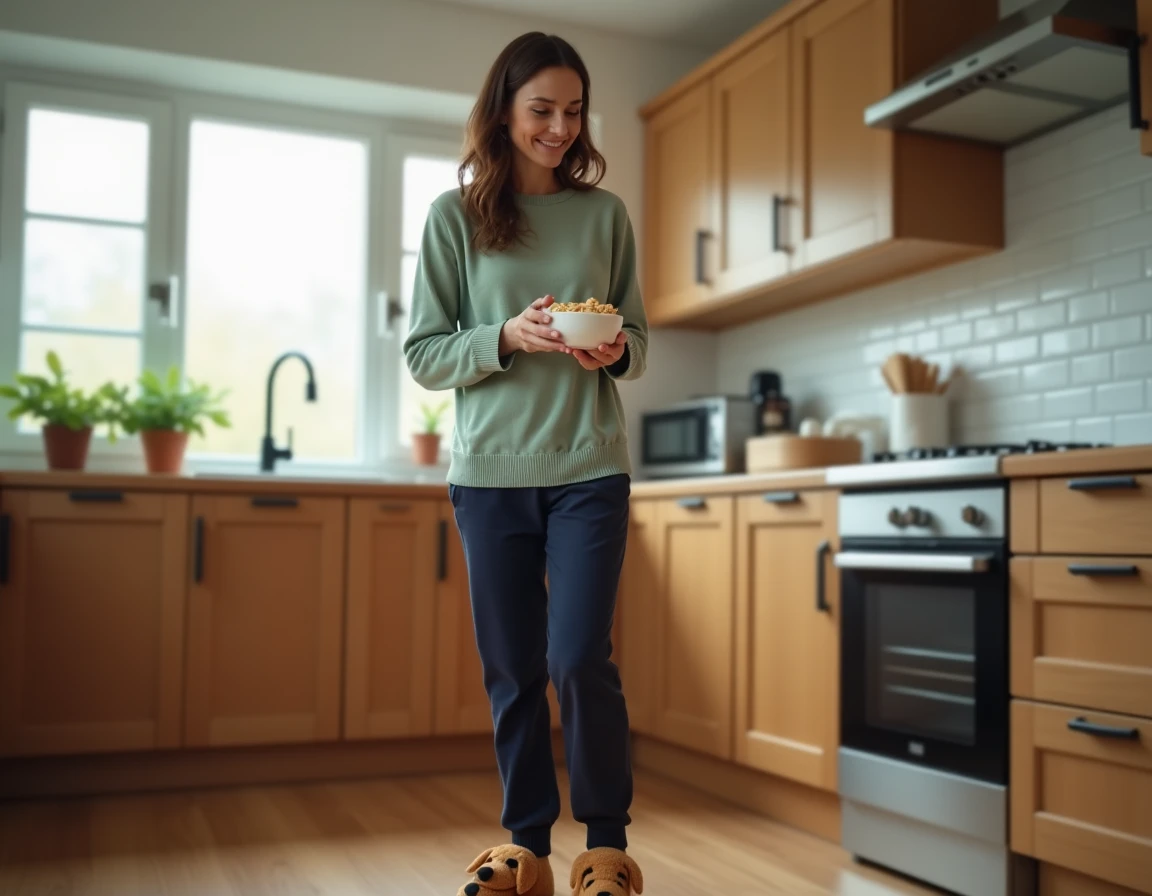 Femme en cuisine le matin portant des chaussons en forme de teckel avec un sourire amusé