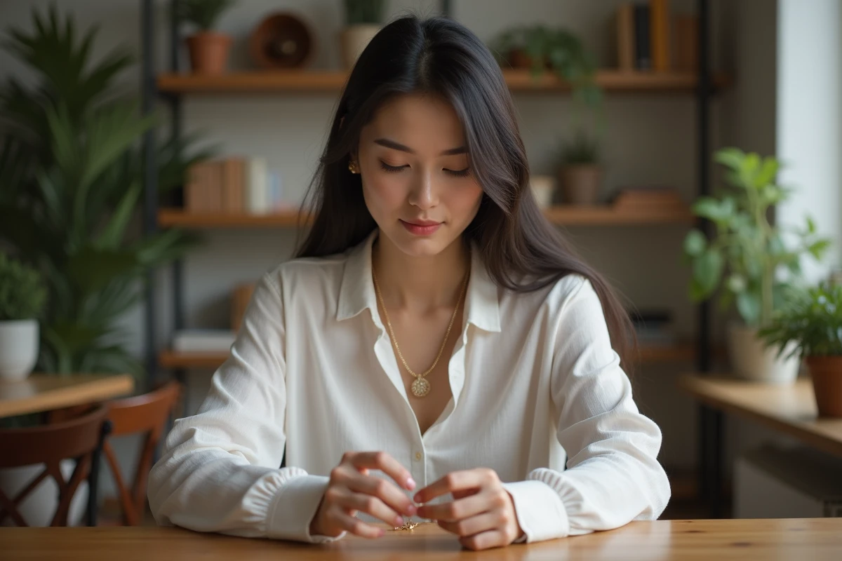Femme qui démêle un collier en or sur une table en bois, symbolisant la signification spirituelle d'un collier emmêlé