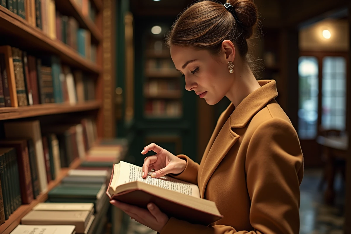 Femme élégante en manteau camel feuilletant un livre d'art rare dans une librairie de luxe parisienne au décor raffiné en bois sombre