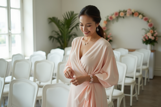 Femme souriante en robe pastel ajustée lors d'un mariage