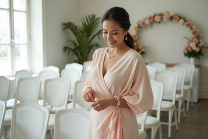 Femme souriante en robe pastel ajustée lors d'un mariage