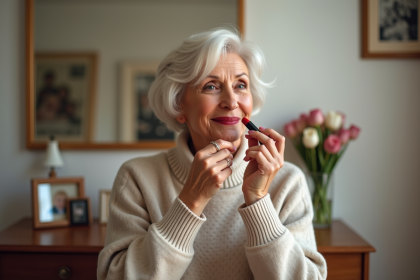 Femme &eacute;l&eacute;gante appliquant du rouge &agrave; l&egrave;vres dans sa chambre