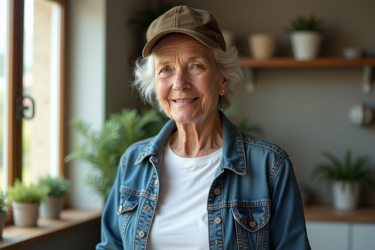 Femme âgée portant une casquette dans une maison chaleureuse