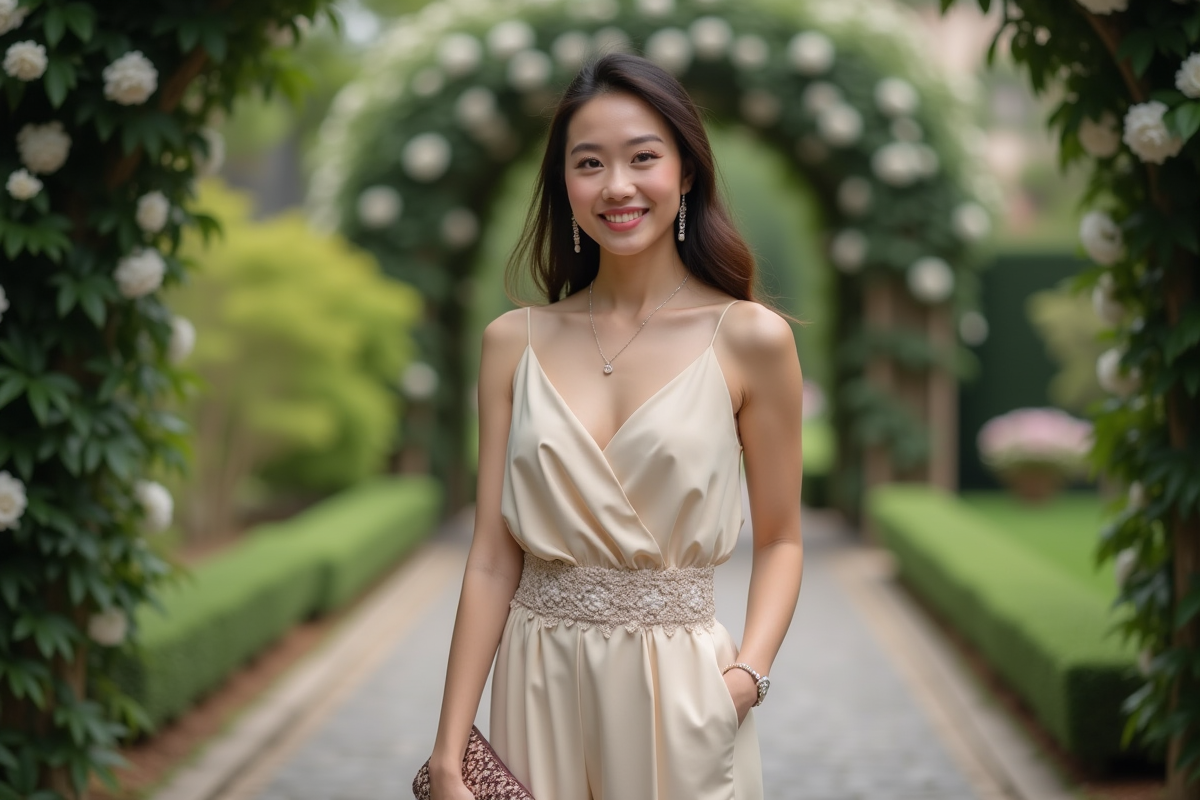 Femme en combinaison brodee lors d