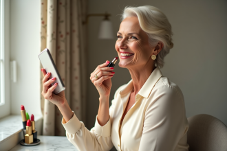 Femme élégante appliquant rouge à lèvres dans sa chambre