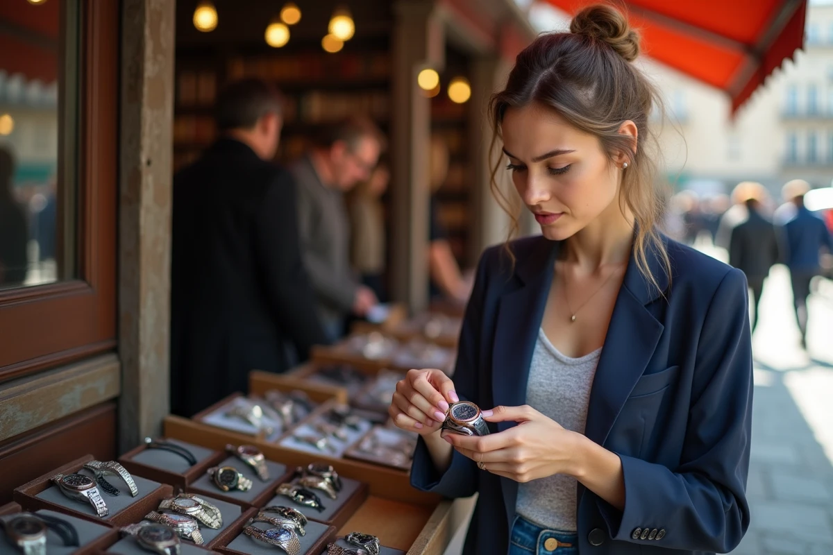 Femme curieuse regardant une montre dans un marché urbain