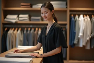 Femme élégante en robe noire dans une boutique moderne