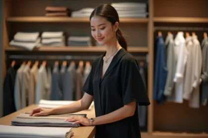 Femme &eacute;l&eacute;gante en robe noire dans une boutique moderne