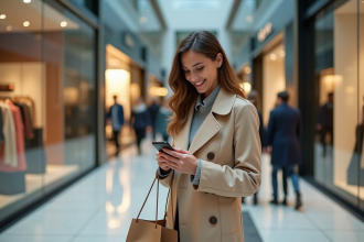 Femme élégante en trench beige souriante avec smartphone