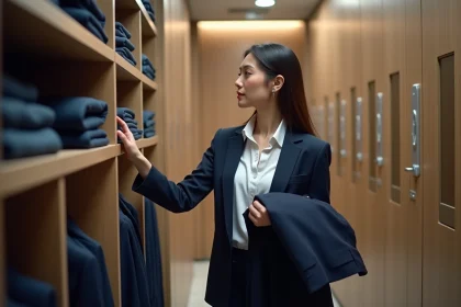 Femme en tenue professionnelle triant ses v&ecirc;tements de bureau