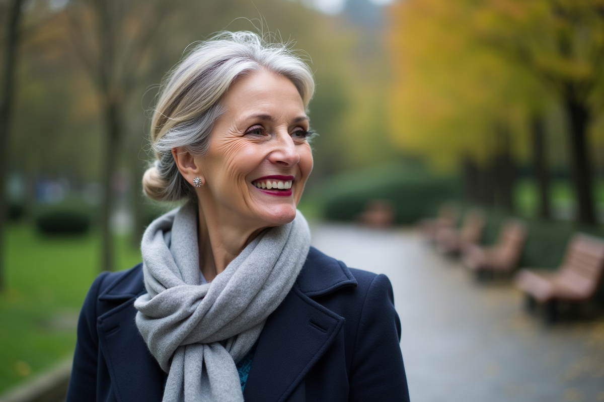 Femme mature souriante dans un parc urbain