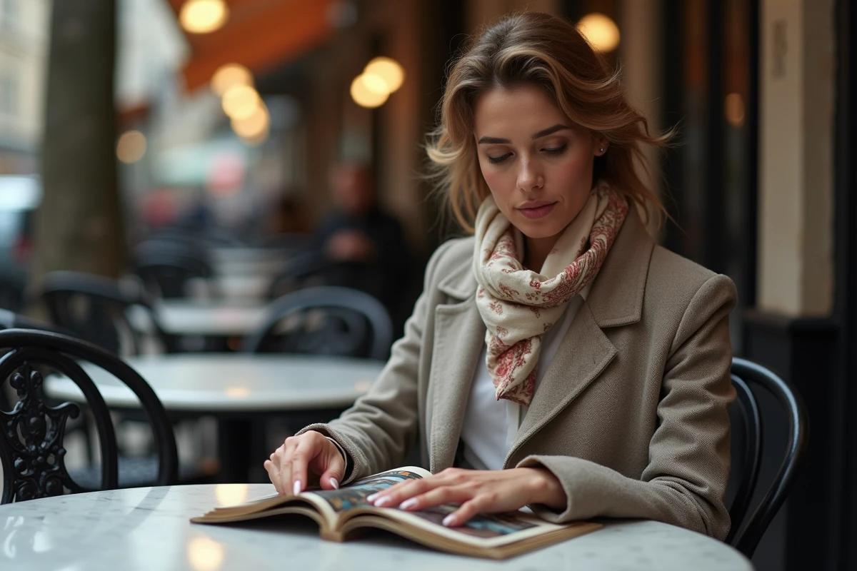 Femme parisienne élégante feuilletant un magazine vintage