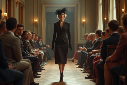 Femme élégante en mode parisien du 20e siècle défilant