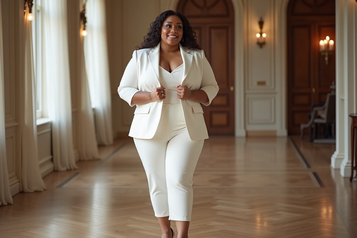 Femme plussize en jumpsuit blanc lors d'une soirée élégante