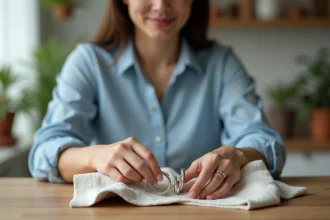 Femme de 30 ans polissant une bague en argent dans la cuisine
