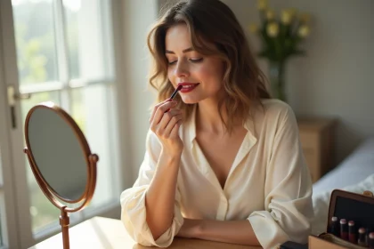 Femme appliquant rouge &agrave; l&egrave;vres devant miroir naturel
